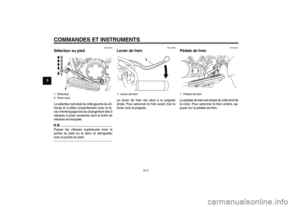 YAMAHA XVS950 2011  Notices Demploi (in French) COMMANDES ET INSTRUMENTS
3-11
3
FAU12881
Sélecteur au pied Le sélecteur est situé du côté gauche du vé-
hicule et s’utilise conjointement avec le le-
vier d’embrayage lors du changement des 