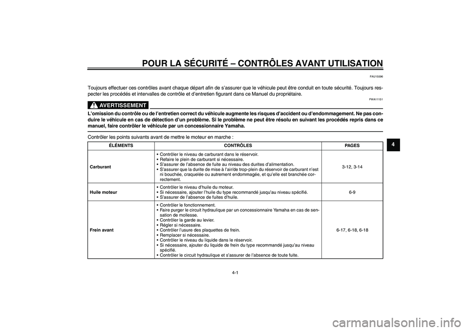 YAMAHA XVS950 2011  Notices Demploi (in French) POUR LA SÉCURITÉ – CONTRÔLES AVANT UTILISATION
4-1
4
FAU15596
Toujours effectuer ces contrôles avant chaque départ afin de s’assurer que le véhicule peut être conduit en toute sécurité. T