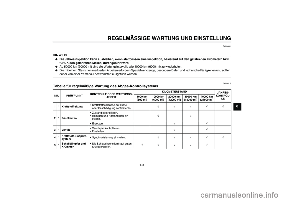 YAMAHA XVS950 2010  Betriebsanleitungen (in German) REGELMÄSSIGE WARTUNG UND EINSTELLUNG
6-3
6
GAU46861
HINWEIS
Die Jahresinspektion kann ausbleiben, wenn stattdessen eine Inspektion, basierend auf den gefahrenen Kilometern bzw. 
für UK den gefahren