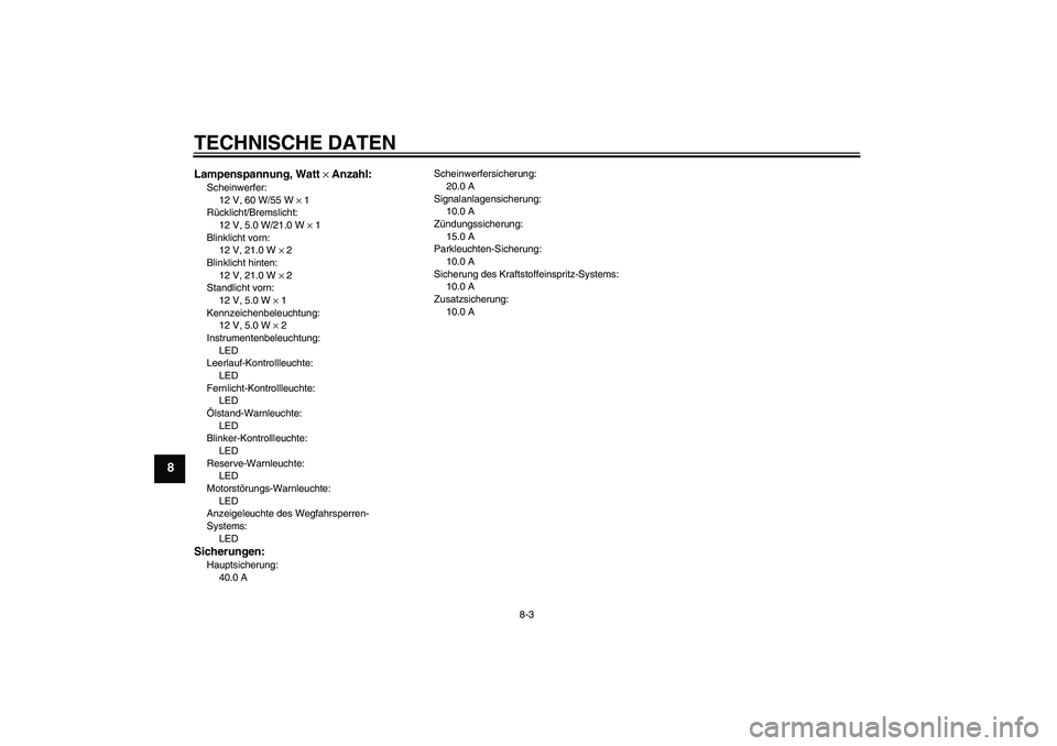 YAMAHA XVS950 2010  Betriebsanleitungen (in German) TECHNISCHE DATEN
8-3
8
Lampenspannung, Watt × Anzahl:Scheinwerfer:
12 V, 60 W/55 W × 1
Rücklicht/Bremslicht:
12 V, 5.0 W/21.0 W × 1
Blinklicht vorn:
12 V, 21.0 W × 2
Blinklicht hinten:
12 V, 21.0
