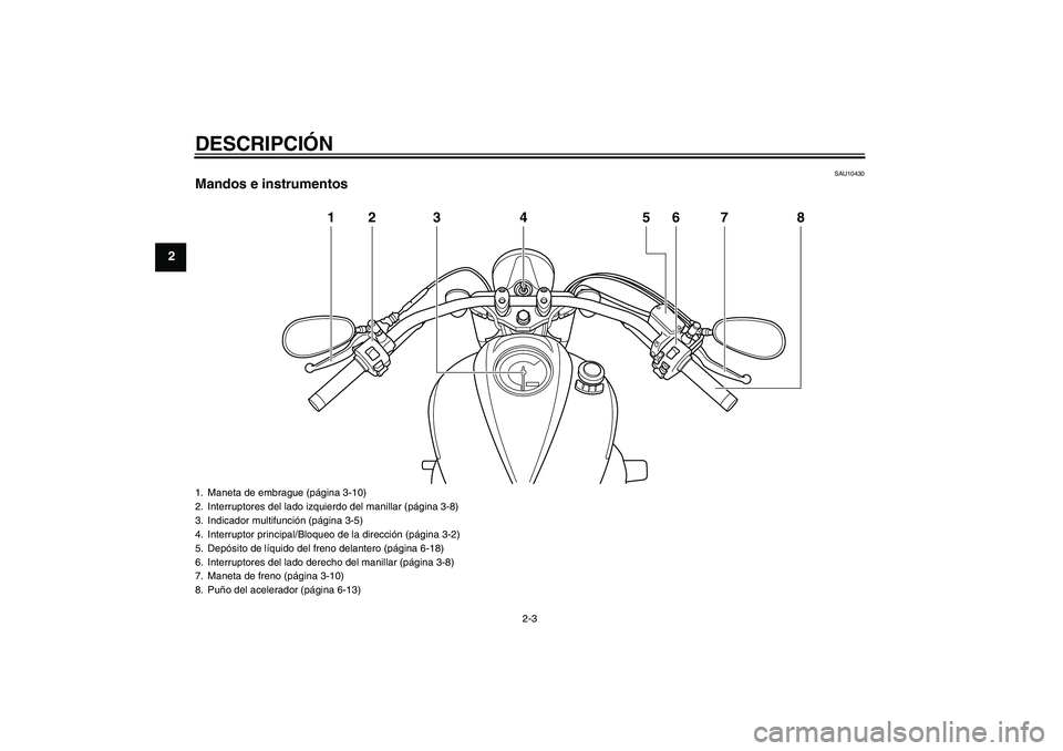 YAMAHA XVS950 2010 Manuale de Empleo (in Spanish) DESCRIPCIÓN
2-3
2
SAU10430
Mandos e instrumentos
12 3 4 6 8
5
7
1. Maneta de embrague (página 3-10)
2. Interruptores del lado izquierdo del manillar (página 3-8)
3. Indicador multifunción (página YAMAHA XVS950 2010 Manuale de Empleo (in Spanish) DESCRIPCIÓN
2-3
2
SAU10430
Mandos e instrumentos
12 3 4 6 8
5
7
1. Maneta de embrague (página 3-10)
2. Interruptores del lado izquierdo del manillar (página 3-8)
3. Indicador multifunción (página