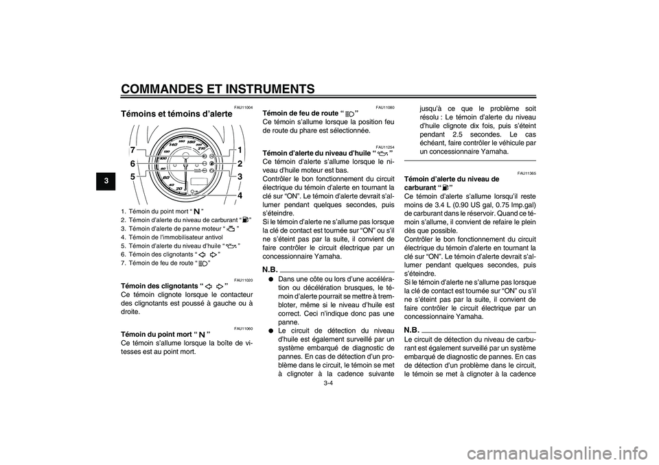 YAMAHA XVS950 2010  Notices Demploi (in French) COMMANDES ET INSTRUMENTS
3-4
3
FAU11004
Témoins et témoins d’alerte 
FAU11020
Témoin des clignotants“” 
Ce témoin clignote lorsque le contacteur
des clignotants est poussé à gauche ou à
d