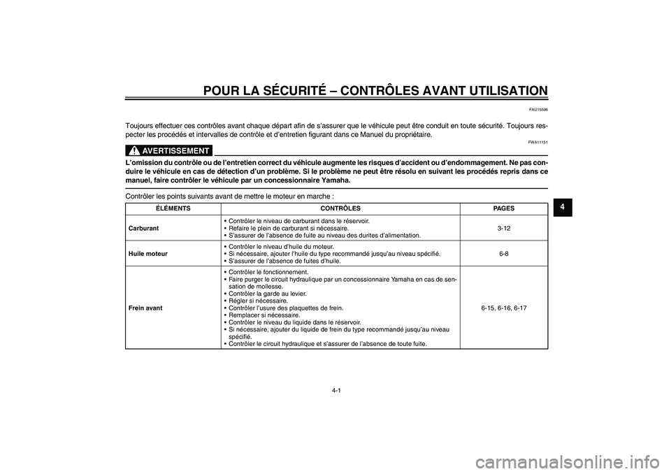 YAMAHA XVS950 2010  Notices Demploi (in French) POUR LA SÉCURITÉ – CONTRÔLES AVANT UTILISATION
4-1
4
FAU15596
Toujours effectuer ces contrôles avant chaque départ afin de s’assurer que le véhicule peut être conduit en toute sécurité. T