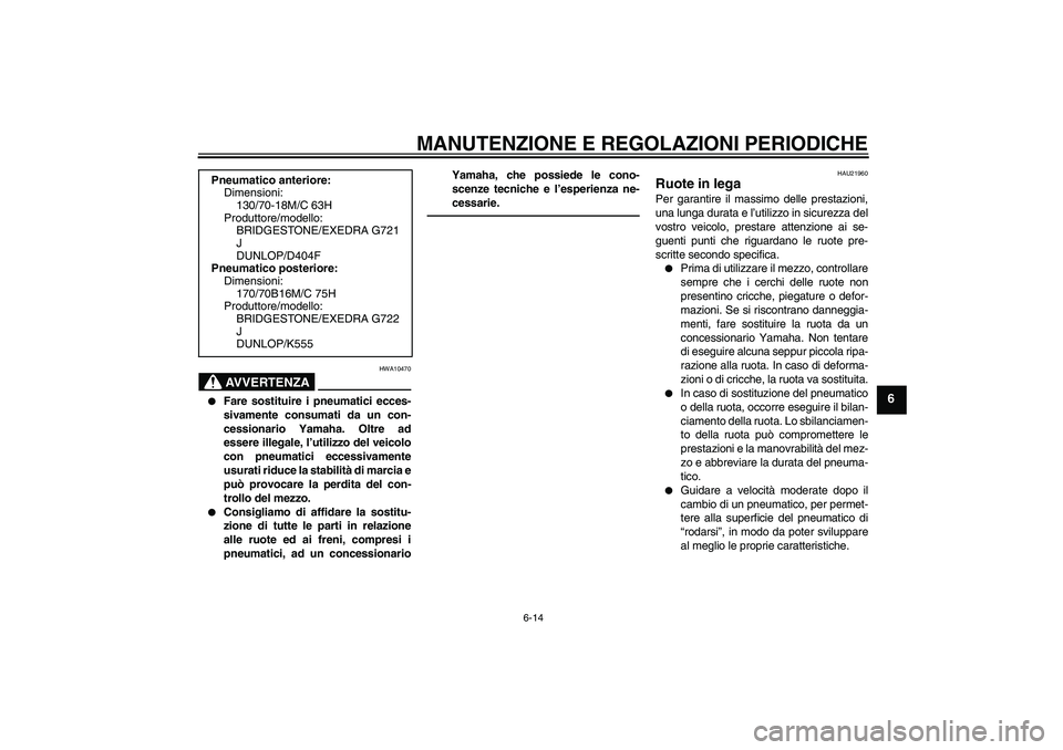 YAMAHA XVS950 2010  Manuale duso (in Italian) MANUTENZIONE E REGOLAZIONI PERIODICHE
6-14
6
AVVERTENZA
HWA10470

Fare sostituire i pneumatici ecces-
sivamente consumati da un con-
cessionario Yamaha. Oltre ad
essere illegale, l’utilizzo del vei