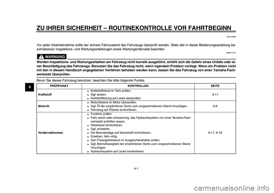 YAMAHA XVS950 2009  Betriebsanleitungen (in German)  
4-1 
1
2
3
4
5
6
7
8
9
 
ZU IHRER SICHERHEIT – ROUTINEKONTROLLE VOR FAHRTBEGINN 
GAU15596 
Vor jeder Inbetriebnahme sollte der sichere Fahrzustand des Fahrzeugs überprüft werden. Stets alle in d