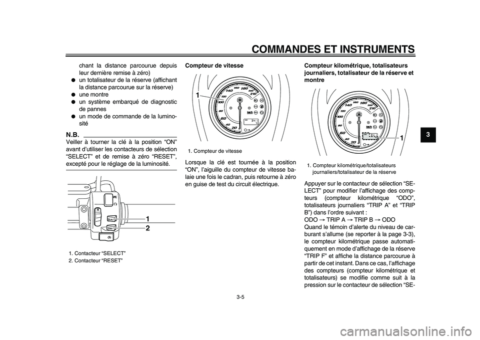 YAMAHA XVS950 2009  Notices Demploi (in French)  
COMMANDES ET INSTRUMENTS 
3-5 
2
34
5
6
7
8
9
 
chant la distance parcourue depuis
leur dernière remise à zéro) 
 
un totalisateur de la réserve (affichant
la distance parcourue sur la réserve