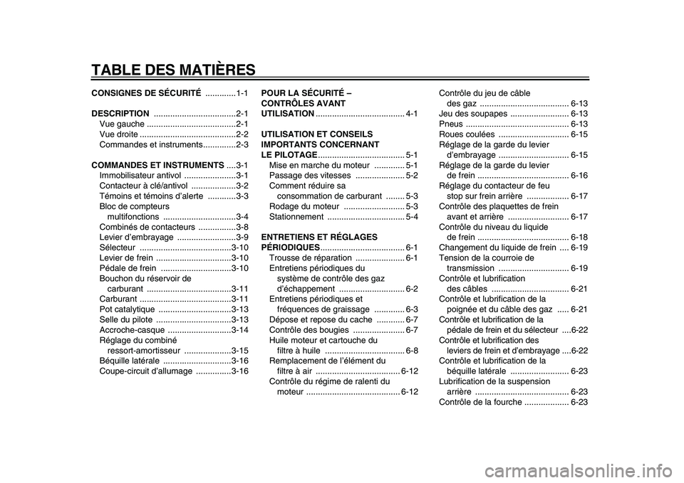 YAMAHA XVS950 2009  Notices Demploi (in French)  
TABLE DES MATIÈRES 
CONSIGNES DE SÉCURITÉ 
 .............1-1 
DESCRIPTION 
 ...................................2-1
Vue gauche ......................................2-1
Vue droite ................