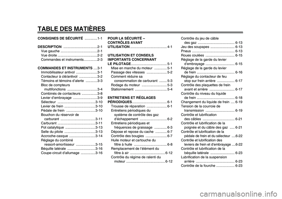 YAMAHA XVS950 2009  Notices Demploi (in French)  
TABLE DES MATIÈRES 
CONSIGNES DE SÉCURITÉ 
 .............1-1 
DESCRIPTION 
 ...................................2-1
Vue gauche ......................................2-1
Vue droite ................