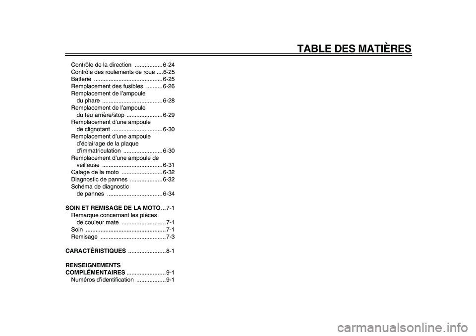 YAMAHA XVS950 2009  Notices Demploi (in French)  
TABLE DES MATIÈRES 
Contrôle de la direction  ................. 6-24
Contrôle des roulements de roue ....6-25
Batterie .......................................... 6-25
Remplacement des fusibles  .