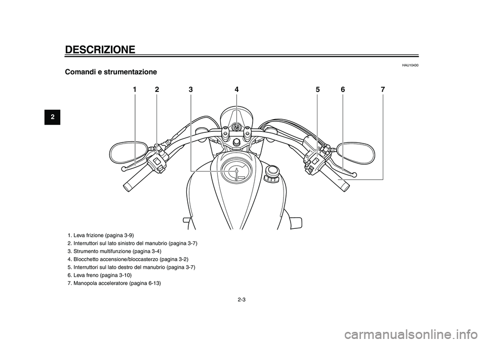 YAMAHA XVS950 2009  Manuale duso (in Italian)  
DESCRIZIONE
 
2-3 
1
2
3
4
5
6
7
8
9
 
HAU10430 
Comandi e strumentazione
12 3 4 5 7
6
 
1.  Leva frizione (pagina 3-9)
2.  Interruttori sul lato sinistro del manubrio (pagina 3-7)
3.  Strumento mul