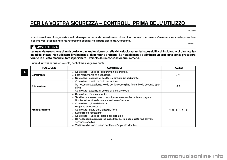 YAMAHA XVS950 2009  Manuale duso (in Italian)  
4-1 
1
2
3
4
5
6
7
8
9
 
PER LA VOSTRA SICUREZZA 
– CONTROLLI PRIMA DELL’UTILIZZO 
HAU15596 
Ispezionare il veicolo ogni volta che lo si usa per accertarsi che sia in condizione di funzionare in