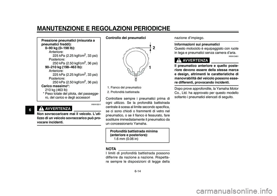 YAMAHA XVS950 2009  Manuale duso (in Italian)  
MANUTENZIONE E REGOLAZIONI PERIODICHE
 
6-14 
1
2
3
4
5
6
7
8
9
AVVERTENZA
 
HWA10511 
Non sovraccaricare mai il veicolo. L’uti-
lizzo di un veicolo sovraccarico può pro- 
vocare incidenti.Contro