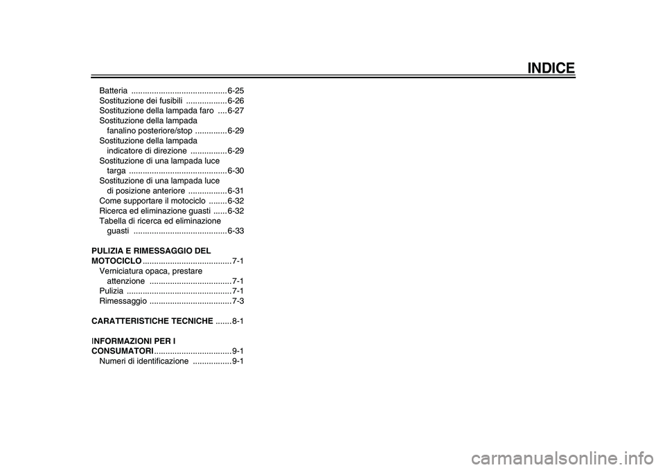 YAMAHA XVS950 2009  Manuale duso (in Italian)  
INDICE
 
Batteria .......................................... 6-25
Sostituzione dei fusibili  .................. 6-26
Sostituzione della lampada faro  .... 6-27
Sostituzione della lampada 
fanalino p