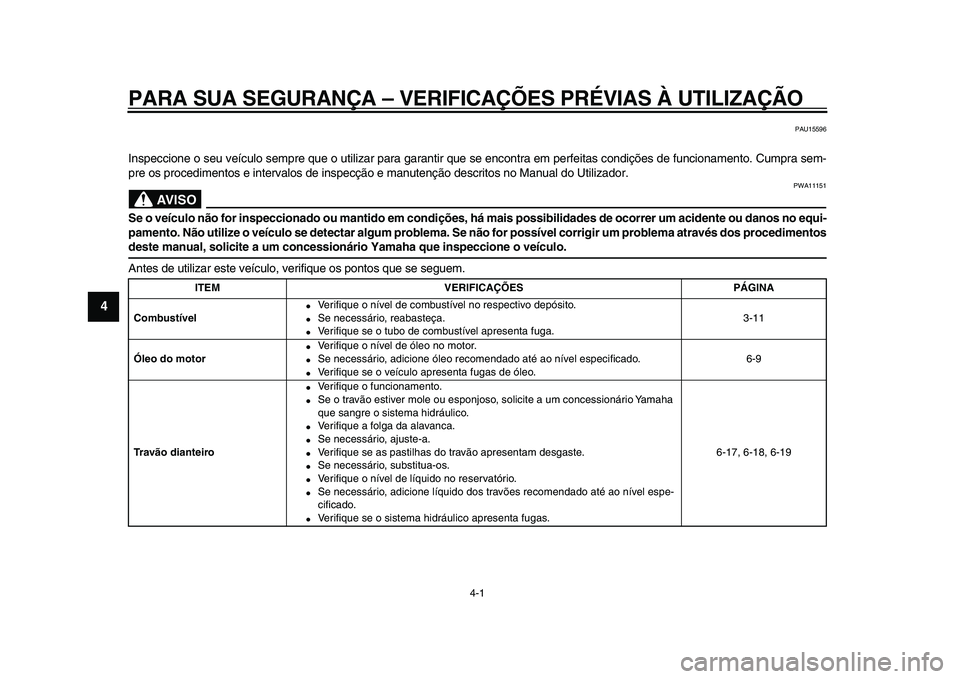 YAMAHA XVS950 2009  Manual de utilização (in Portuguese)  
4-1 
1
2
3
4
5
6
7
8
9
 
PARA SUA SEGURANÇA – VERIFICAÇÕES PRÉVIAS À UTILIZAÇÃO 
PAU15596 
Inspeccione o seu veículo sempre que o utilizar para garantir que se encontra em perfeitas condi