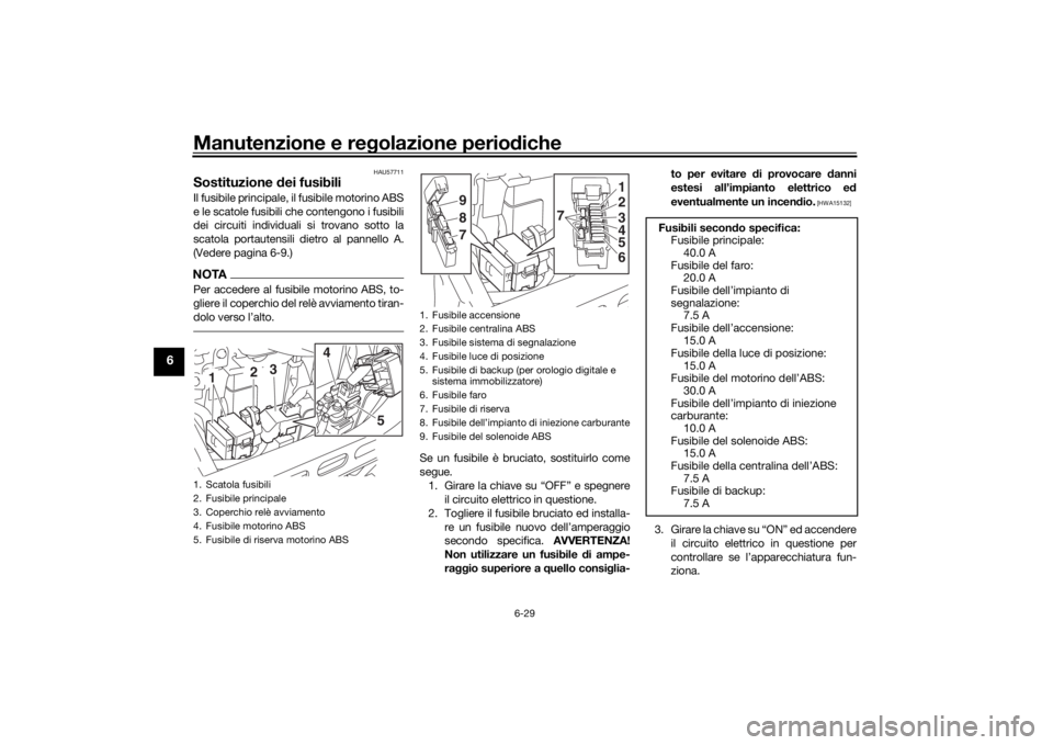 YAMAHA XVS950CU 2017 Manuale duso (in Italian) Manutenzione e regolazione perio diche
6-29
6
HAU57711
Sostituzione dei fusibiliIl fusibile principale, il fusibile motorino ABS
e le scatole fusibili che contengono i fusibili
dei circuiti individua YAMAHA XVS950CU 2017 Manuale duso (in Italian) Manutenzione e regolazione perio diche
6-29
6
HAU57711
Sostituzione dei fusibiliIl fusibile principale, il fusibile motorino ABS
e le scatole fusibili che contengono i fusibili
dei circuiti individua