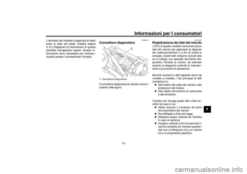 YAMAHA XVS950CU 2017 Manuale duso (in Italian) Informazioni per I consumatori
9-2
9
L’etichetta del modello è applicata al telaio
sotto la sella del pilota. (Vedere pagina
3-15.) Registrare le informazioni di questa
etichetta nell’apposito sp YAMAHA XVS950CU 2017 Manuale duso (in Italian) Informazioni per I consumatori
9-2
9
L’etichetta del modello è applicata al telaio
sotto la sella del pilota. (Vedere pagina
3-15.) Registrare le informazioni di questa
etichetta nell’apposito sp