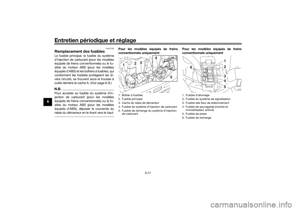 YAMAHA XVS950CU 2016 Notices Demploi (in French) Entretien périodique et réglage
6-27
6
FAU57792
Remplacement des fusiblesLe fusible principal, le fusible du système
d’injection de carburant (pour les modèles
équipés de freins conventionnel YAMAHA XVS950CU 2016 Notices Demploi (in French) Entretien périodique et réglage
6-27
6
FAU57792
Remplacement des fusiblesLe fusible principal, le fusible du système
d’injection de carburant (pour les modèles
équipés de freins conventionnel