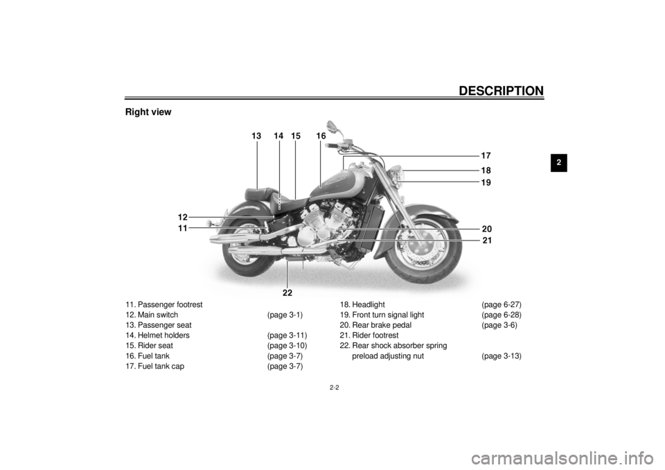 YAMAHA XVZ1300A 2000 User Guide DESCRIPTION
2-2
2
Right view11. Passenger footrest
12. Main switch (page 3-1)
13. Passenger seat
14. Helmet holders (page 3-11)
15. Rider seat (page 3-10)
16. Fuel tank (page 3-7)
17. Fuel tank cap (p YAMAHA XVZ1300A 2000 User Guide DESCRIPTION
2-2
2
Right view11. Passenger footrest
12. Main switch (page 3-1)
13. Passenger seat
14. Helmet holders (page 3-11)
15. Rider seat (page 3-10)
16. Fuel tank (page 3-7)
17. Fuel tank cap (p