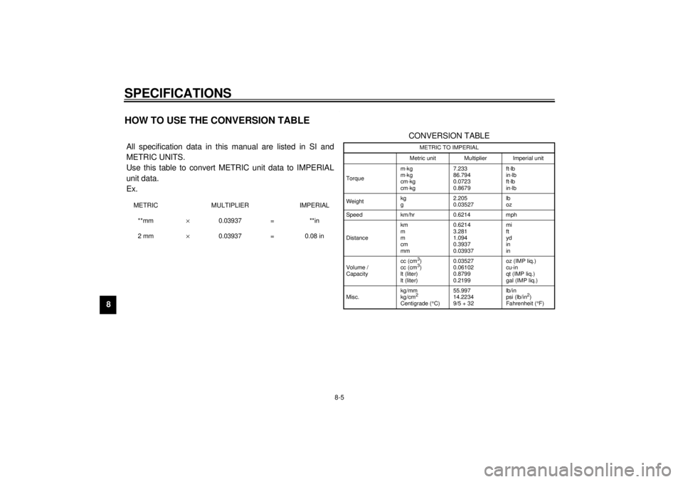YAMAHA XVZ1300A 2000 Manual Online SPECIFICATIONS
8-5
8
EAU01064
HOW TO USE THE CONVERSION TABLECS-02E  All specification data in this manual are listed in SI and
METRIC UNITS. 
Use this table to convert METRIC unit data to IMPERIAL
un YAMAHA XVZ1300A 2000 Manual Online SPECIFICATIONS
8-5
8
EAU01064
HOW TO USE THE CONVERSION TABLECS-02E  All specification data in this manual are listed in SI and
METRIC UNITS. 
Use this table to convert METRIC unit data to IMPERIAL
un