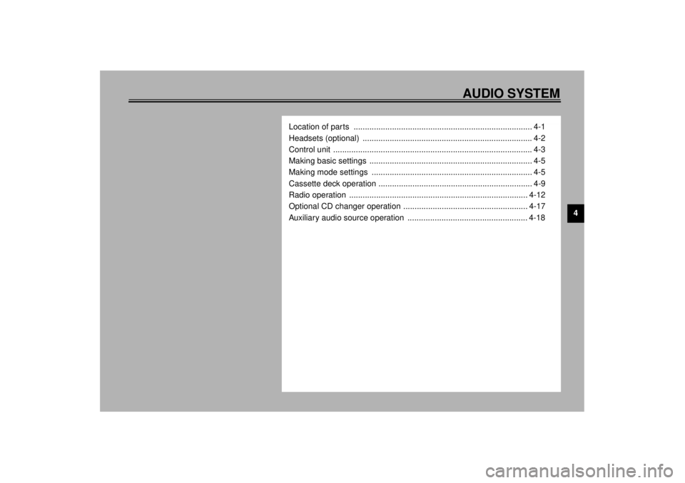 YAMAHA XVZ1300TF 2001  Owners Manual AUDIO SYSTEM
4
Location of parts  ............................................................................... 4-1
Headsets (optional)  .............................................................