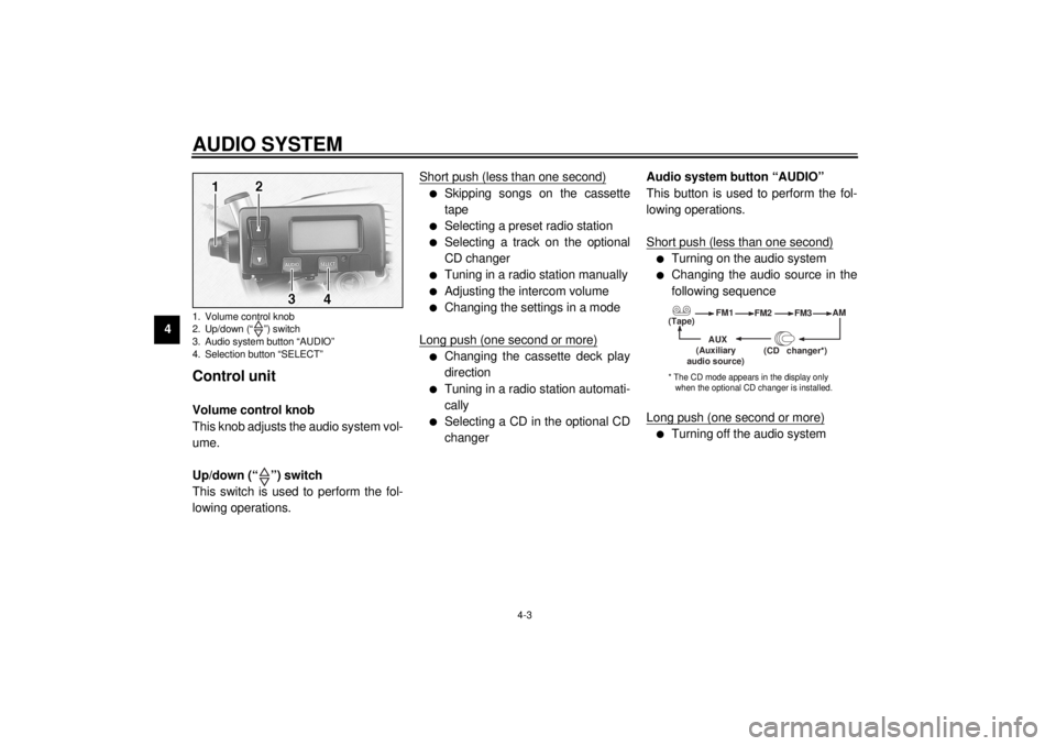 YAMAHA XVZ1300TF 2001  Owners Manual AUDIO SYSTEM
4-3
4
Control unit Volume control knob
This knob adjusts the audio system vol-
ume.
Up/down (“ ”) switch
This switch is used to perform the fol-
lowing operations.Short push (less tha
