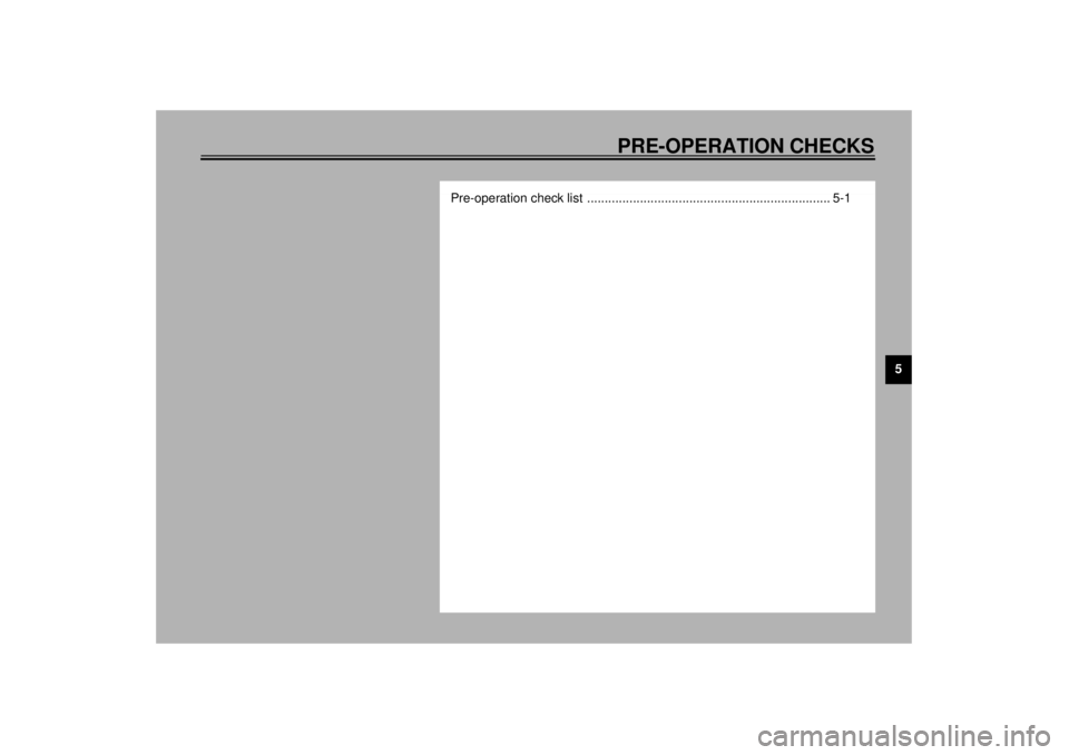 YAMAHA XVZ1300TF 2001 Repair Manual PRE-OPERATION CHECKS
5
Pre-operation check list ..................................................................... 5-1
E_5jc.book Page 1 Monday, January 22, 2001 12:12 PM YAMAHA XVZ1300TF 2001 Repair Manual PRE-OPERATION CHECKS
5
Pre-operation check list ..................................................................... 5-1
E_5jc.book Page 1 Monday, January 22, 2001 12:12 PM
