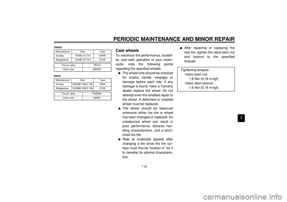 YAMAHA XVZ1300TF 2001  Owners Manual PERIODIC MAINTENANCE AND MINOR REPAIR
7-24
7
CE-11E
CE-12EEAU03763
Cast wheels To maximize the performance, durabil-
ity, and safe operation of your motor-
cycle, note the following points
regarding t