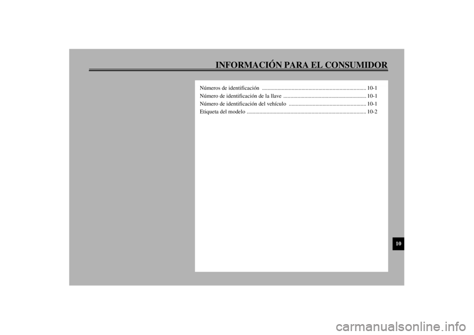 YAMAHA XVZ1300TF 2001  Manuale de Empleo (in Spanish) INFORMACIÓN PARA EL CONSUMIDOR
10
Números de identificación  .......................................................................... 10-1
Número de identificación de la llave  ................