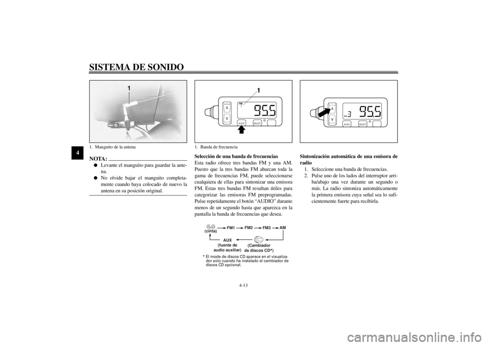 YAMAHA XVZ1300TF 2001  Manuale de Empleo (in Spanish) SISTEMA DE SONIDO
4-13
4
NOTA:_ l
Levante el manguito para guardar la ante-
na. 
l
No olvide bajar el manguito completa-
mente cuando haya colocado de nuevo la
antena en su posición original. 
_
Sele