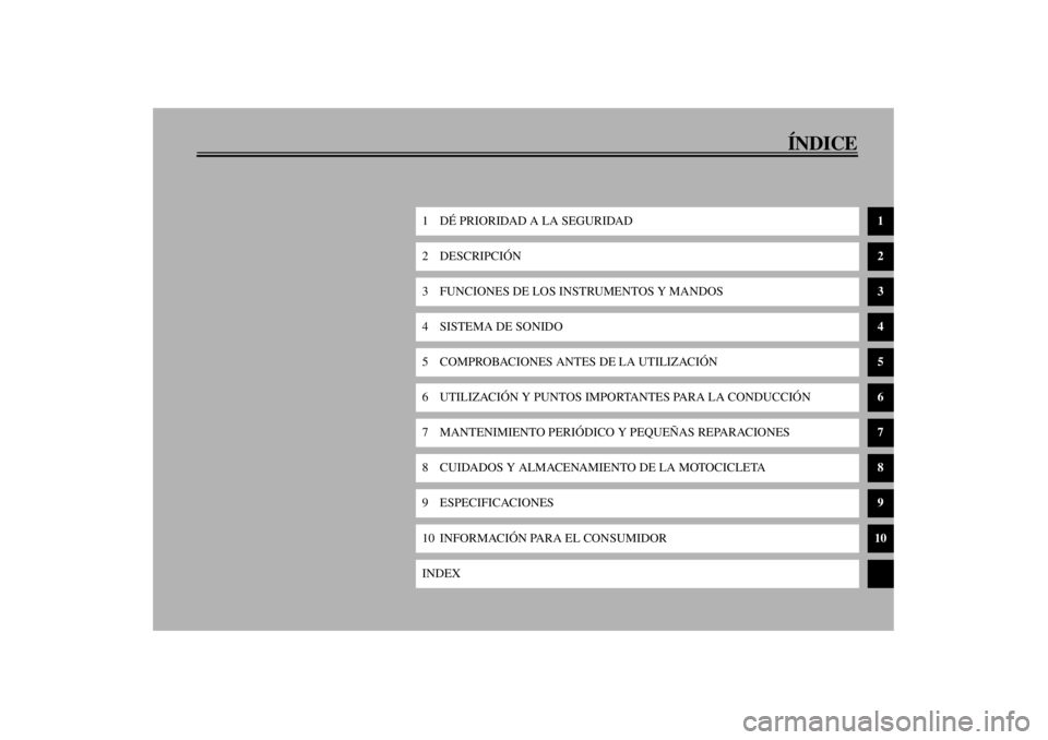 YAMAHA XVZ1300TF 2001  Manuale de Empleo (in Spanish) ÍNDICE
1 DÉ PRIORIDAD A LA SEGURIDAD
1
2DESCRIPCIÓN
2
3 FUNCIONES DE LOS INSTRUMENTOS Y MANDOS
3
4 SISTEMA DE SONIDO
4
5 COMPROBACIONES ANTES DE LA UTILIZACIÓN
5
6 UTILIZACIÓN Y PUNTOS IMPORTANTE