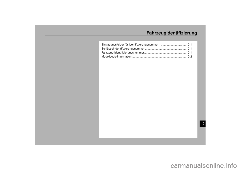 YAMAHA XVZ1300TF 2000 Betriebsanleitungen (in German) Fahrzeugidentifizierung
10
Eintragungsfelder für Identifizierungsnummern ............................... 10-1
Schlüssel-Identifizierungsnummer ................................................... 10- YAMAHA XVZ1300TF 2000 Betriebsanleitungen (in German) Fahrzeugidentifizierung
10
Eintragungsfelder für Identifizierungsnummern ............................... 10-1
Schlüssel-Identifizierungsnummer ................................................... 10-