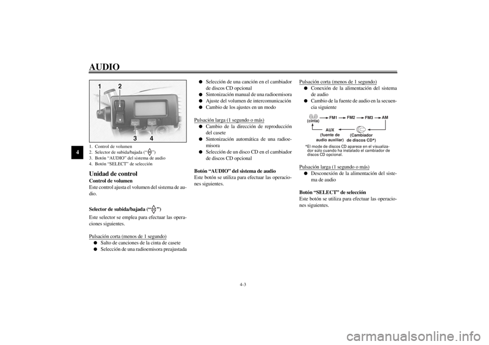 YAMAHA XVZ1300TF 2000  Manuale de Empleo (in Spanish) AUDIO
4-3
4
Unidad de controlControl de volumen
Este control ajusta el volumen del sistema de au-
dio.
Selector de subida/bajada (“ ”)
Este selector se emplea para efectuar las opera-
ciones sigui