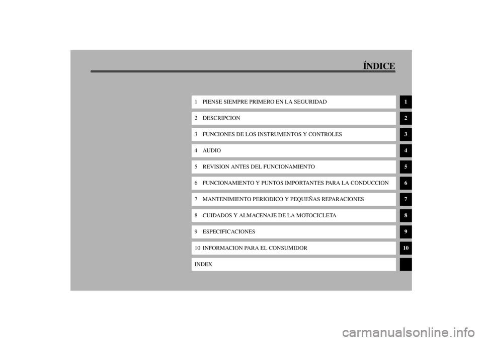 YAMAHA XVZ1300TF 2000  Manuale de Empleo (in Spanish) ÍNDICE
1 PIENSE SIEMPRE PRIMERO EN LA SEGURIDAD
1
2DESCRIPCION
2
3 FUNCIONES DE LOS INSTRUMENTOS Y CONTROLES
3
4 AUDIO
4
5 REVISION ANTES DEL FUNCIONAMIENTO
5
6 FUNCIONAMIENTO Y PUNTOS IMPORTANTES PA
