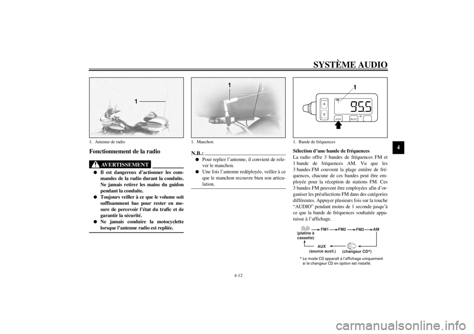 YAMAHA XVZ1300TF 2000  Notices Demploi (in French) SYSTÈME AUDIO
4-12
4
Fonctionnement de la radio
AVERTISSEMENT
@ l
Il est dangereux d’actionner les com-
mandes de la radio durant la conduite.
Ne jamais retirer les mains du guidon
pendant la condu