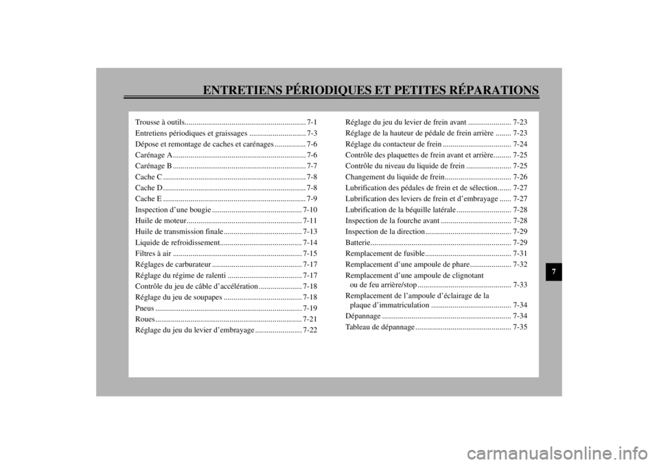 YAMAHA XVZ1300TF 2000  Notices Demploi (in French) ENTRETIENS PÉRIODIQUES ET PETITES RÉPARATIONS
7
Trousse à outils.............................................................. 7-1
Entretiens périodiques et graissages ............................