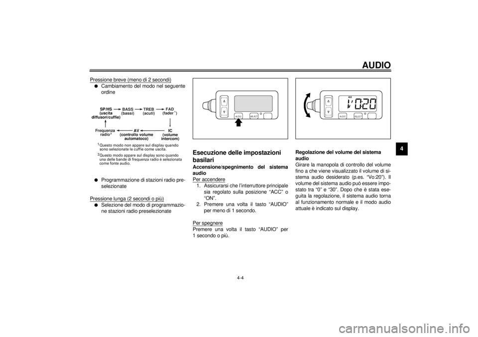 YAMAHA XVZ1300TF 2000 Manuale duso (in Italian) AUDIO
4-4
4
Pressione breve (meno di 2 secondi)l
Cambiamento del modo nel seguente
ordine
l
Programmazione di stazioni radio pre-
selezionate
Pressione lunga (2 secondi o più)
l
Selezione del modo di YAMAHA XVZ1300TF 2000 Manuale duso (in Italian) AUDIO
4-4
4
Pressione breve (meno di 2 secondi)l
Cambiamento del modo nel seguente
ordine
l
Programmazione di stazioni radio pre-
selezionate
Pressione lunga (2 secondi o più)
l
Selezione del modo di