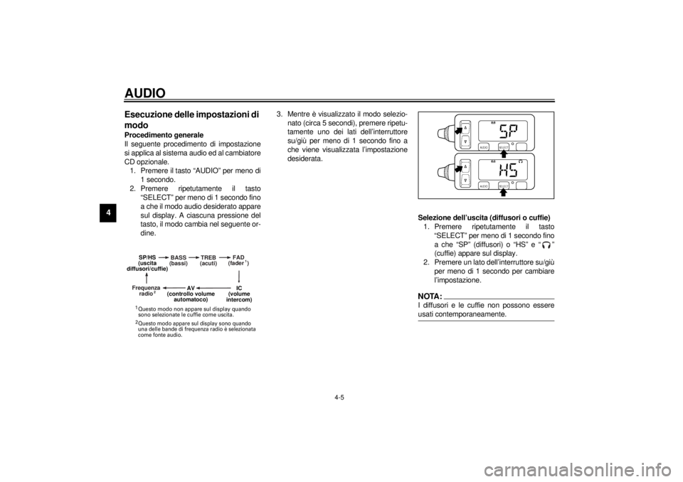 YAMAHA XVZ1300TF 2000 Manuale duso (in Italian) AUDIO
4-5
4
Esecuzione delle impostazioni di
modoProcedimento generale
Il seguente procedimento di impostazione
si applica al sistema audio ed al cambiatore
CD opzionale.
1. Premere il tasto “AUDIO YAMAHA XVZ1300TF 2000 Manuale duso (in Italian) AUDIO
4-5
4
Esecuzione delle impostazioni di
modoProcedimento generale
Il seguente procedimento di impostazione
si applica al sistema audio ed al cambiatore
CD opzionale.
1. Premere il tasto “AUDIO