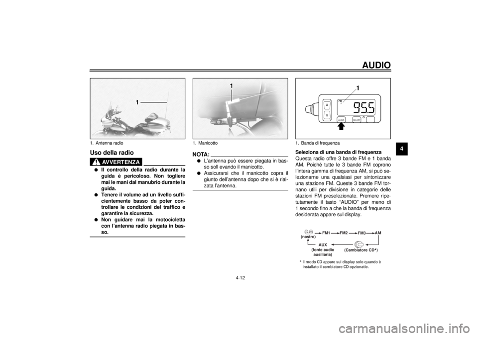 YAMAHA XVZ1300TF 2000  Manuale duso (in Italian) AUDIO
4-12
4
Uso della radio
AVVERTENZA
@ l
Il controllo della radio durante la
guida è pericoloso. Non togliere
mai le mani dal manubrio durante la
guida.
l
Tenere il volume ad un livello suffi-
cie
