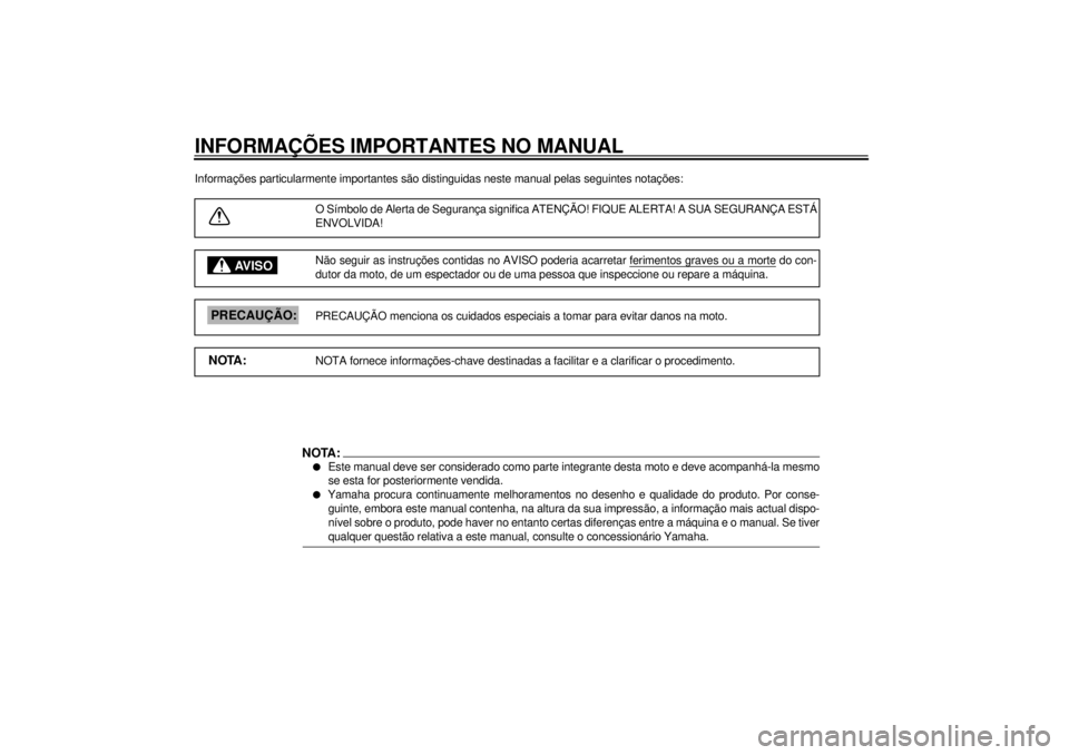 YAMAHA XVZ1300TF 2000  Manual de utilização (in Portuguese) PAU00005
INFORMAÇÕES IMPORTANTES NO MANUALInformações particularmente importantes são distinguidas neste manual pelas seguintes notações:
O Símbolo de Alerta de Segurança significa ATENÇÃO!