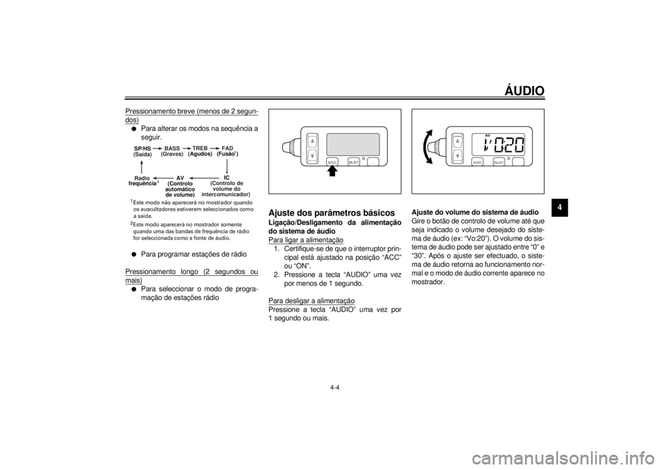 YAMAHA XVZ1300TF 2000 Manual de utilização (in Portuguese) ÁUDIO
4-4
4
Pressionamento breve (menos de 2 segun-dos)l
Para alterar os modos na sequência a
seguir.
l
Para programar estações de rádio
Pressionamento longo (2 segundos ou
mais)l
Para selecciona YAMAHA XVZ1300TF 2000 Manual de utilização (in Portuguese) ÁUDIO
4-4
4
Pressionamento breve (menos de 2 segun-dos)l
Para alterar os modos na sequência a
seguir.
l
Para programar estações de rádio
Pressionamento longo (2 segundos ou
mais)l
Para selecciona