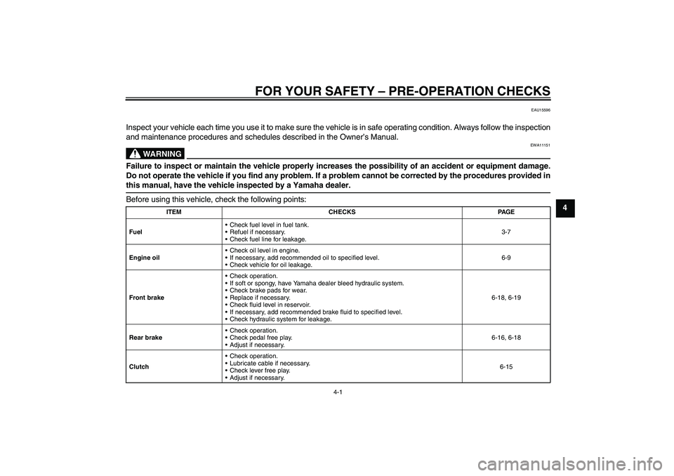 YAMAHA YBR125 2010 Owners Manual FOR YOUR SAFETY – PRE-OPERATION CHECKS
4-1
4
EAU15596
Inspect your vehicle each time you use it to make sure the vehicle is in safe operating condition. Always follow the inspection
and maintenance 