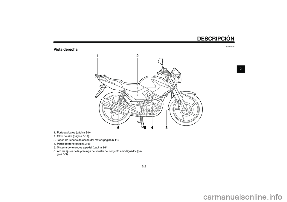 YAMAHA YBR125 2010  Manuale de Empleo (in Spanish) DESCRIPCIÓN
2-2
2
SAU10420
Vista derecha
1
2
3
4
5
6
1. Portaequipajes (página 3-9)
2. Filtro de aire (página 6-12)
3. Tapón de llenado de aceite del motor (página 6-11)
4. Pedal de freno (págin