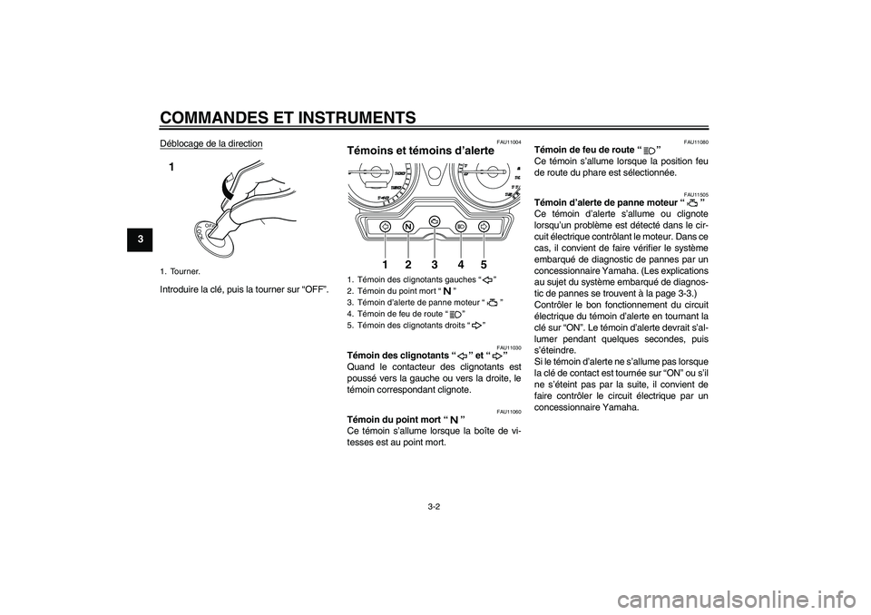 YAMAHA YBR125 2010  Notices Demploi (in French) COMMANDES ET INSTRUMENTS
3-2
3
Déblocage de la directionIntroduire la clé, puis la tourner sur “OFF”.
FAU11004
Témoins et témoins d’alerte 
FAU11030
Témoin des clignotants“” et“” 
Q YAMAHA YBR125 2010  Notices Demploi (in French) COMMANDES ET INSTRUMENTS
3-2
3
Déblocage de la directionIntroduire la clé, puis la tourner sur “OFF”.
FAU11004
Témoins et témoins d’alerte 
FAU11030
Témoin des clignotants“” et“” 
Q