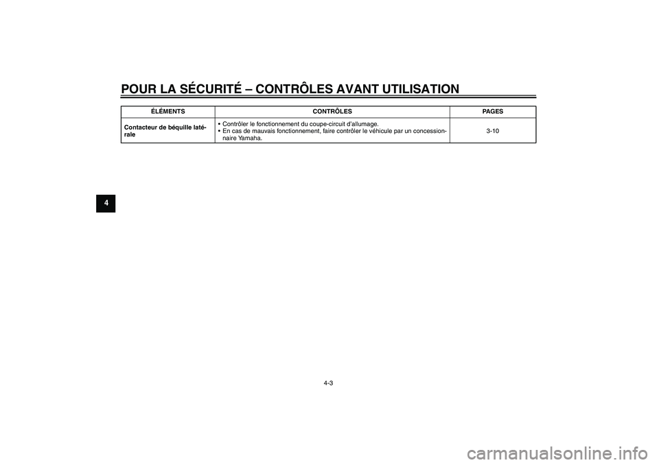 YAMAHA YBR125 2010  Notices Demploi (in French) POUR LA SÉCURITÉ – CONTRÔLES AVANT UTILISATION
4-3
4
Contacteur de béquille laté-
rale Contrôler le fonctionnement du coupe-circuit d’allumage.
En cas de mauvais fonctionnement, faire cont