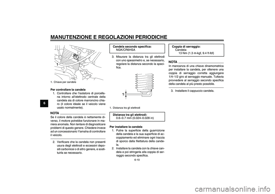 YAMAHA YBR125 2010  Manuale duso (in Italian) MANUTENZIONE E REGOLAZIONI PERIODICHE
6-10
6
Per controllare la candela
1. Controllare che l’isolatore di porcella-
na intorno all’elettrodo centrale della
candela sia di colore marroncino chia-
r