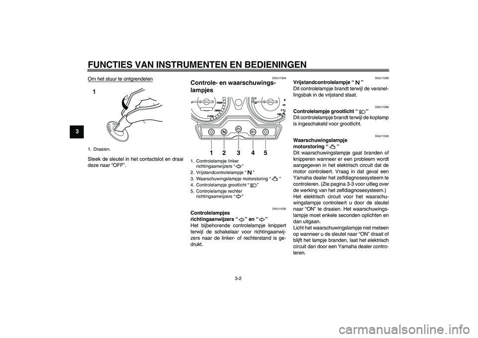 YAMAHA YBR125 2010  Instructieboekje (in Dutch) FUNCTIES VAN INSTRUMENTEN EN BEDIENINGEN
3-2
3
Om het stuur te ontgrendelenSteek de sleutel in het contactslot en draai
deze naar “OFF”.
DAU11004
Controle- en waarschuwings-
lampjes 
DAU11030
Cont
