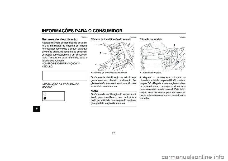 YAMAHA YBR125 2010  Manual de utilização (in Portuguese) INFORMAÇÕES PARA O CONSUMIDOR
9-1
9
PAU48610
Números de identificação Registe o número de identificação do veícu-
lo e a informação da etiqueta do modelo
nos espaços fornecidos a seguir, p