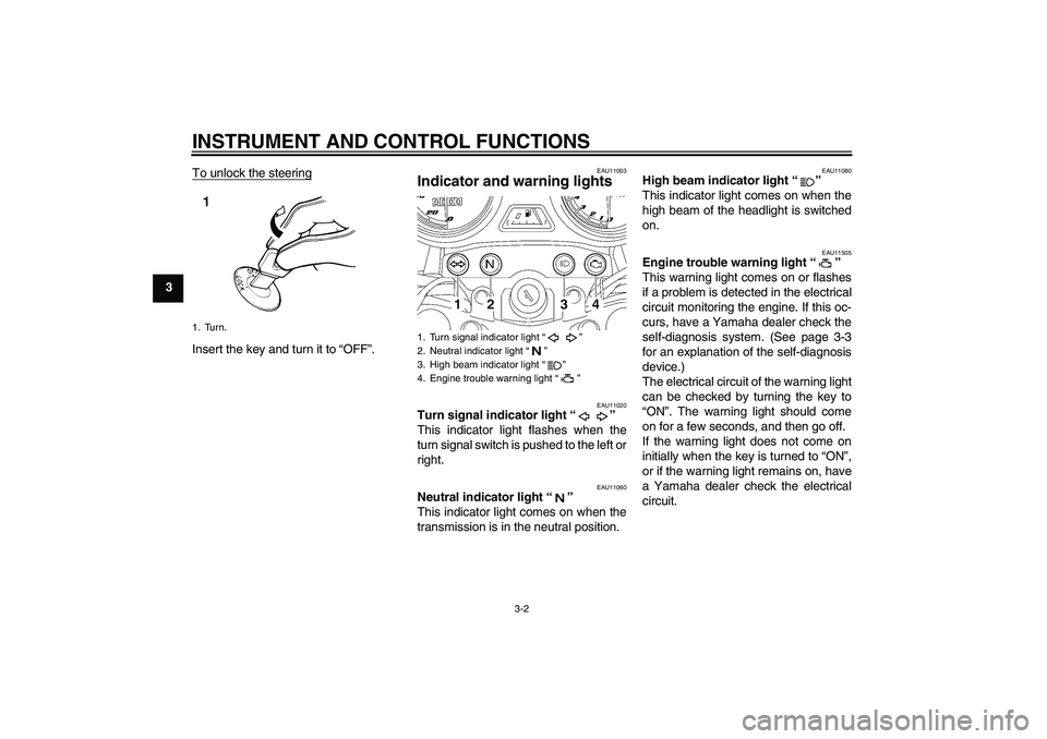 YAMAHA YBR125 2009 User Guide INSTRUMENT AND CONTROL FUNCTIONS
3-2
3To unlock the steering
Insert the key and turn it to “OFF”.
EAU11003
Indicator and warning lights 
EAU11020
Turn signal indicator light“” 
This indicator 
