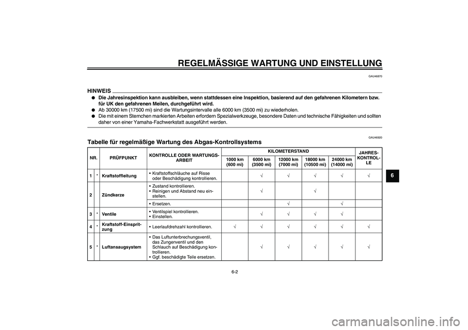 YAMAHA YBR125 2009  Betriebsanleitungen (in German) REGELMÄSSIGE WARTUNG UND EINSTELLUNG
6-2
6
GAU46870
HINWEIS
Die Jahresinspektion kann ausbleiben, wenn stattdessen eine Inspektion, basierend auf den gefahrenen Kilometern bzw. 
für UK den gefahren