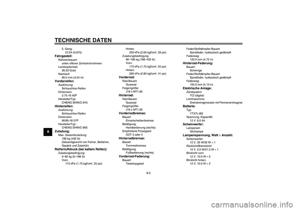 YAMAHA YBR125 2009 Betriebsanleitungen (in German) TECHNISCHE DATEN
8-2
8
5. Gang:
21/24 (0.875)
Fahrgestell:Rahmenbauart:
unten offener Zentralrohrrahmen
Lenkkopfwinkel:
26.33 Grad
Nachlauf:
90.0 mm (3.54 in)Vorderreifen:Ausführung:
Schlauchlos-Reif YAMAHA YBR125 2009 Betriebsanleitungen (in German) TECHNISCHE DATEN
8-2
8
5. Gang:
21/24 (0.875)
Fahrgestell:Rahmenbauart:
unten offener Zentralrohrrahmen
Lenkkopfwinkel:
26.33 Grad
Nachlauf:
90.0 mm (3.54 in)Vorderreifen:Ausführung:
Schlauchlos-Reif